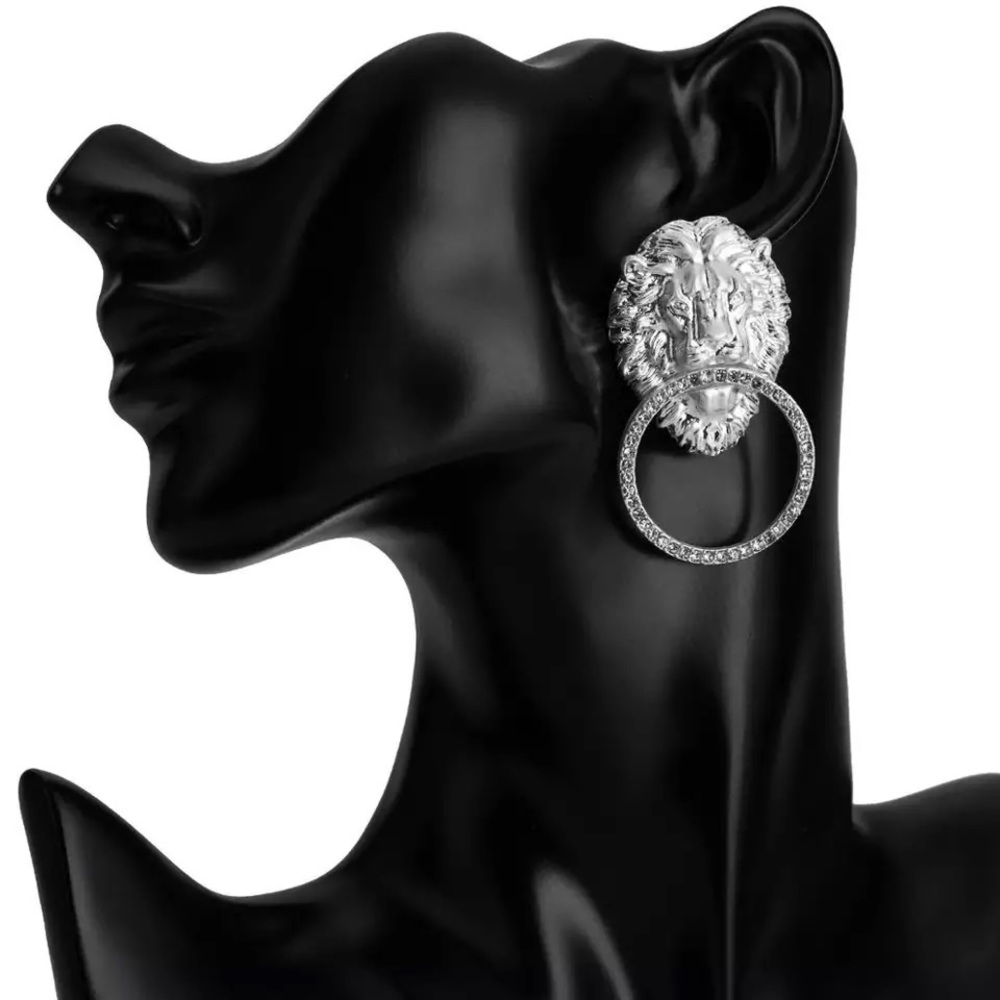 Lion Head Rhinestone Door Knocker Earrings - Picture 3 of 8
